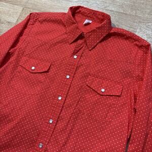 Vintage 60s 70s malco modes calico polka dot red western button down L 16 1/2